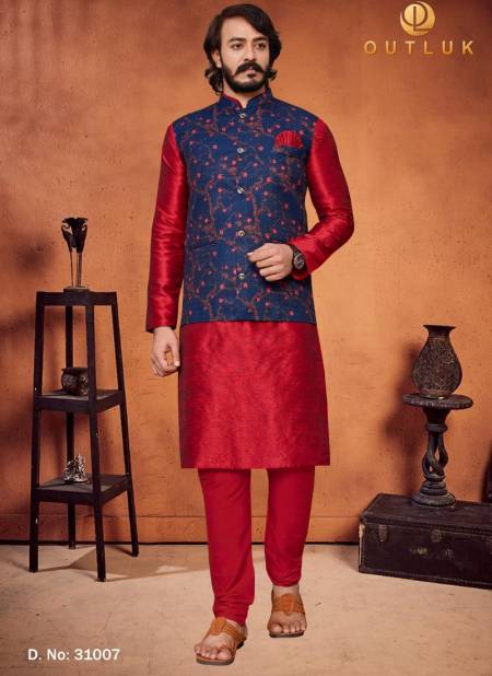 Red And Blue Colour Exclusive Festive Wear Digital Art Silk Printed Kurta Pajama With Jacket Mens Collection 31007